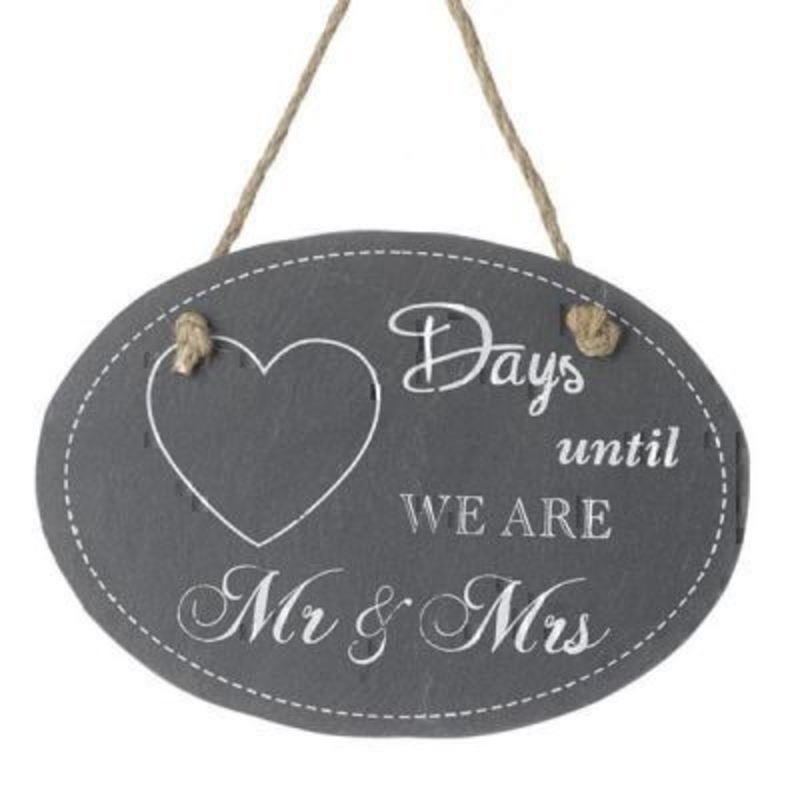 Days Countdown Wedding Mr Mrs by Heaven Sends. Slate Chalk board sign to countdown the days until you get married. A great engagement gift for a newly engaged couple. A picture of a heart where you would write days with ''days until we are Mr and Mrs'' written on. Size 19x13cm